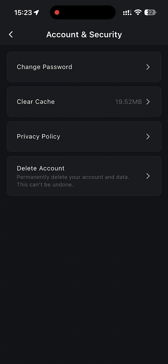 Account and Security page with change password, clear cache, privacy policy and delete account