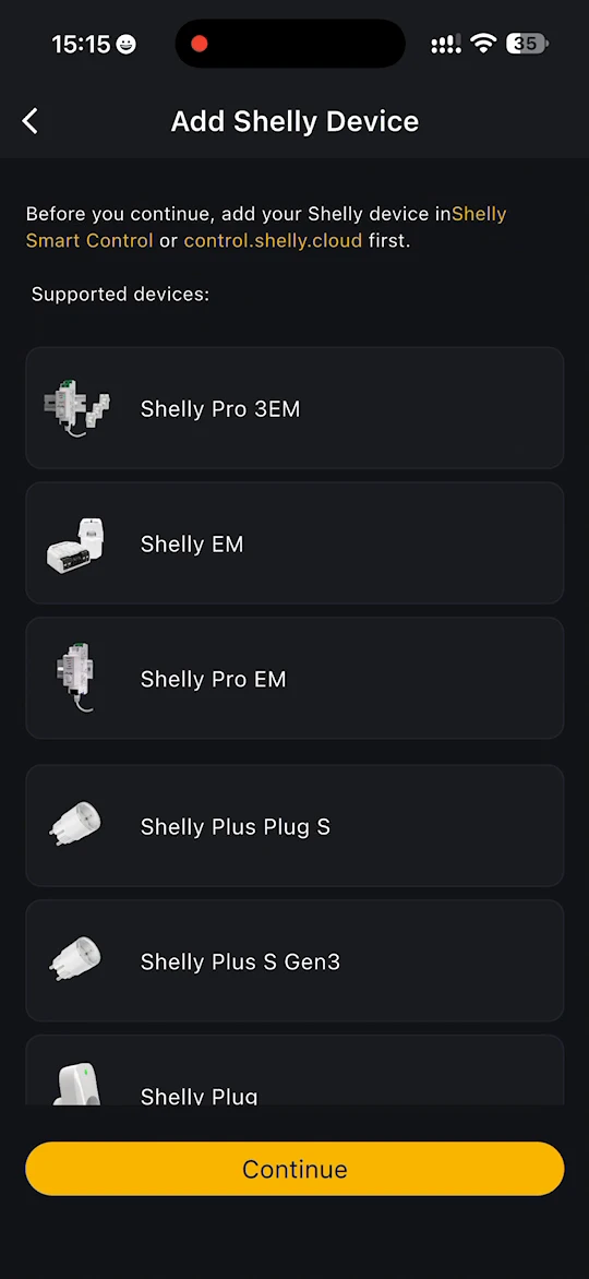 Pagina Add Shelly Device met een overzicht van de ondersteunde Shelly-modellen