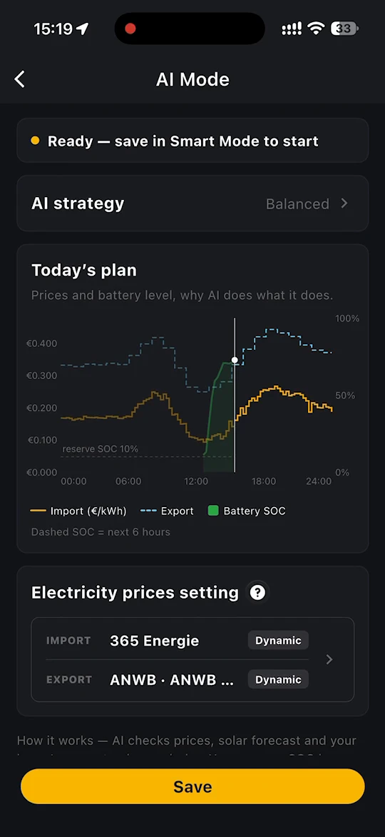 AI Mode settings with the AI strategy, today's plan and electricity prices