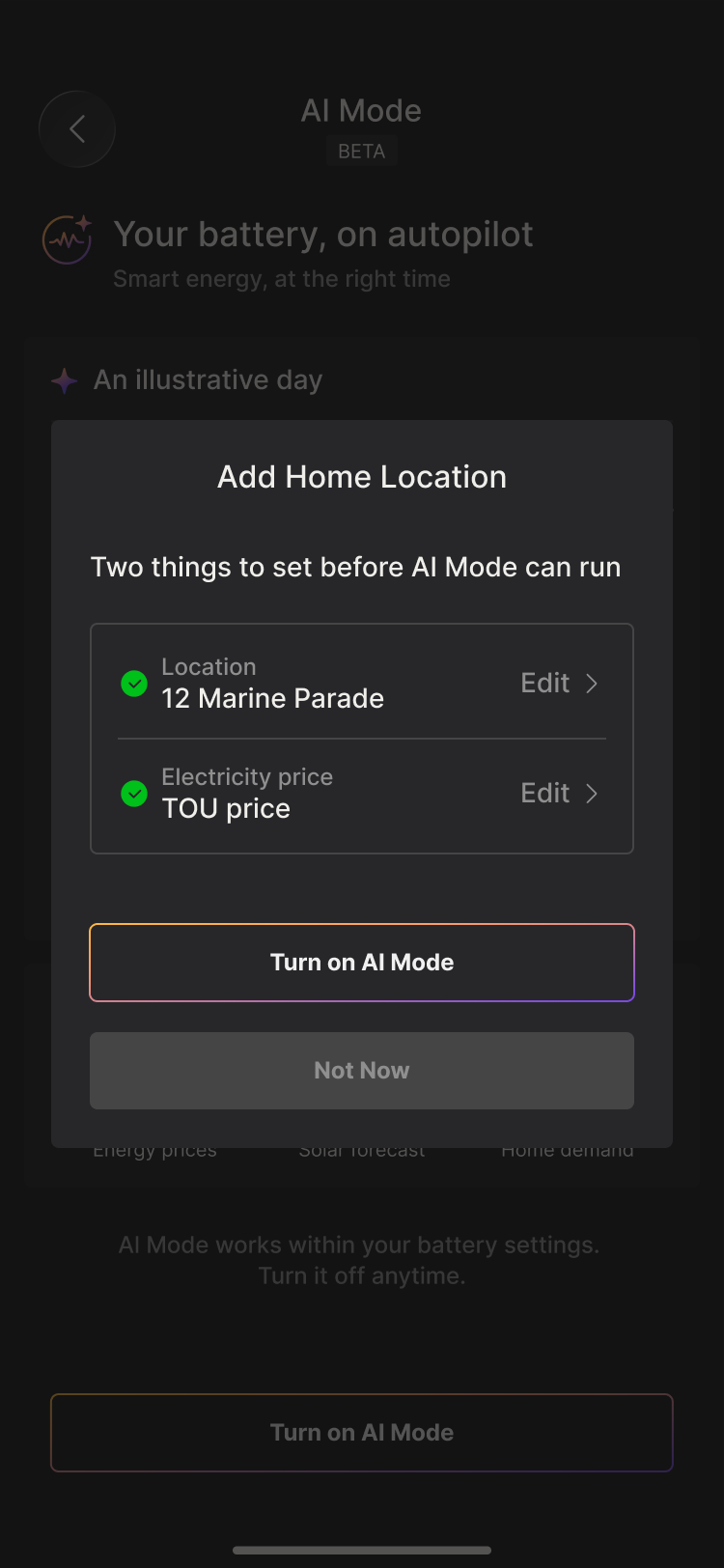 Location and electricity price set, ready to turn on AI Mode