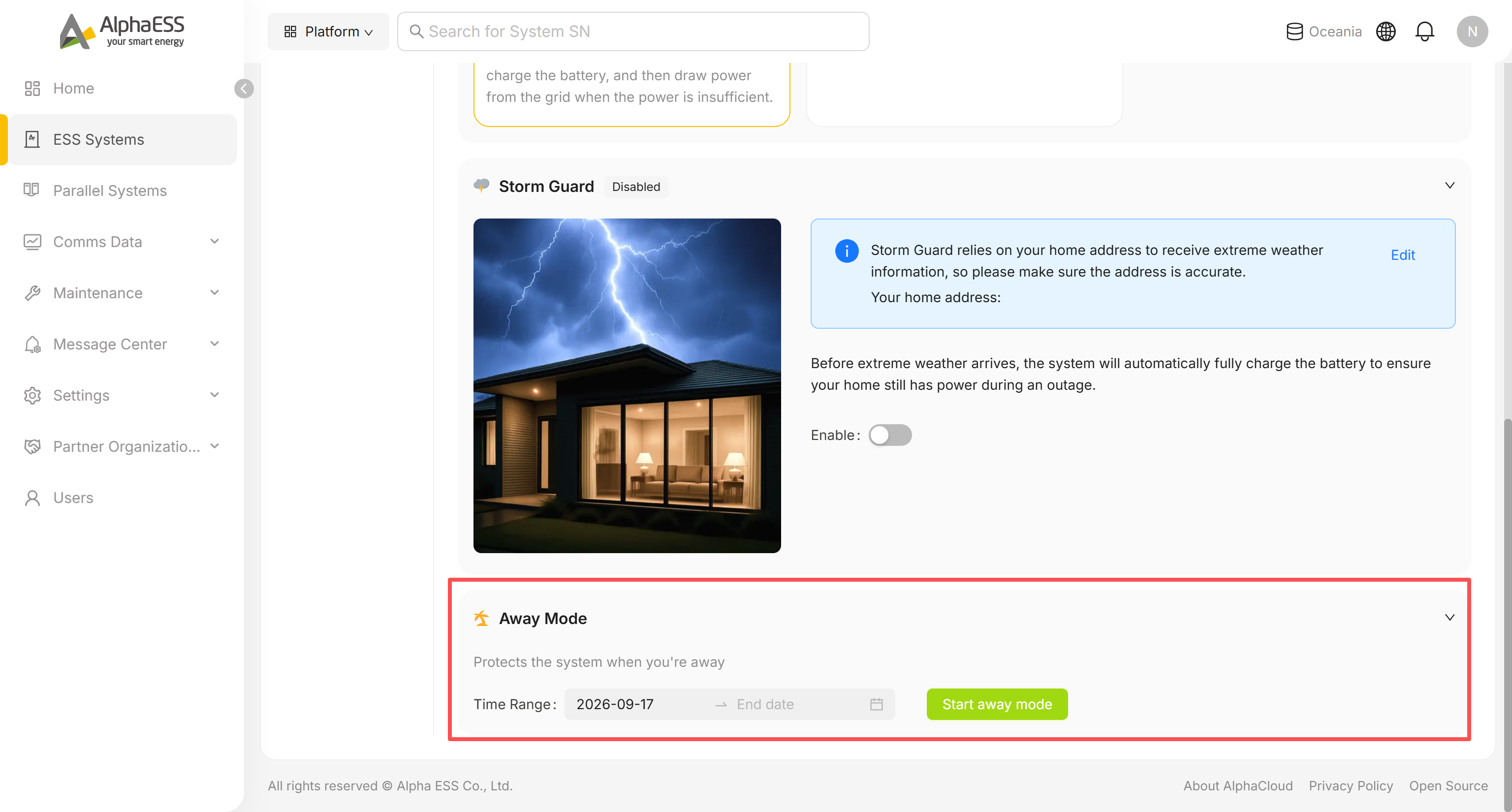 Away Mode expanded, showing the date range picker and Start away mode button