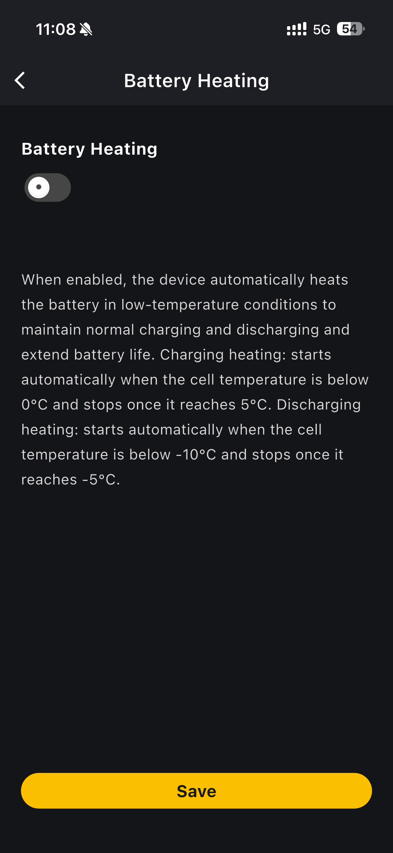 Battery Heating settings page with its toggle and explanation