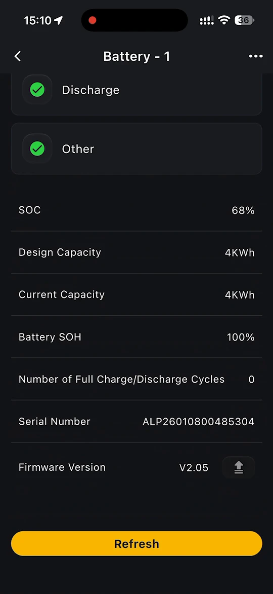 Battery page with SOC, capacity, SOH, cycles and firmware version