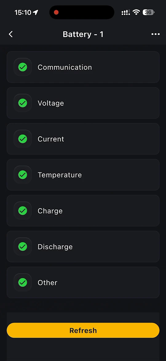 Battery page with the status checks