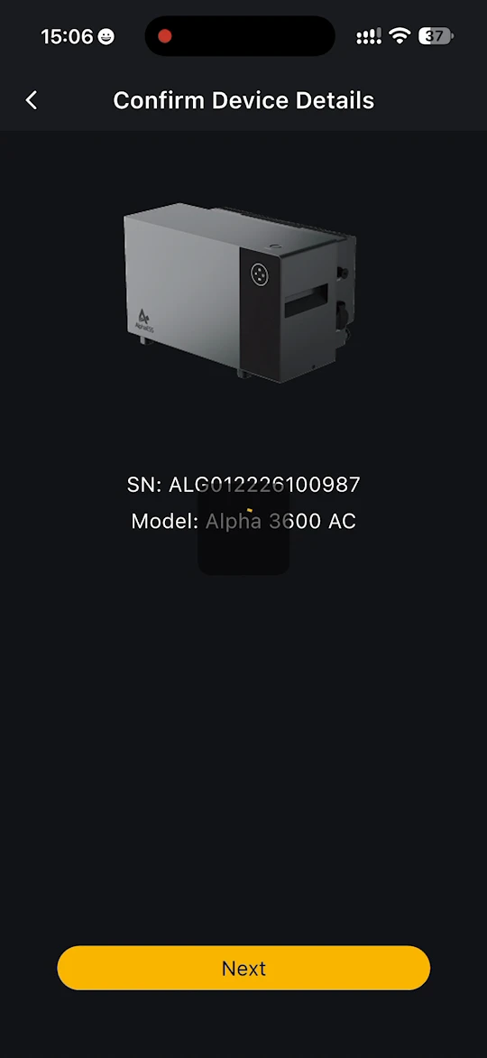 Pagina Apparaatgegevens bevestigen met het SN en het model