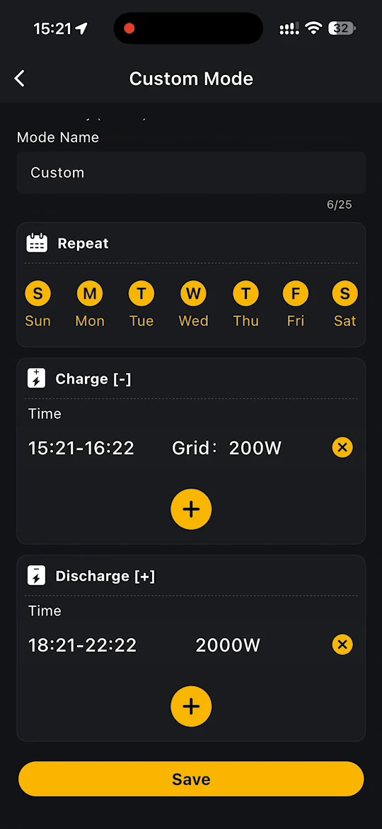 Custom Mode settings with mode name, repeat days, and charge and discharge periods