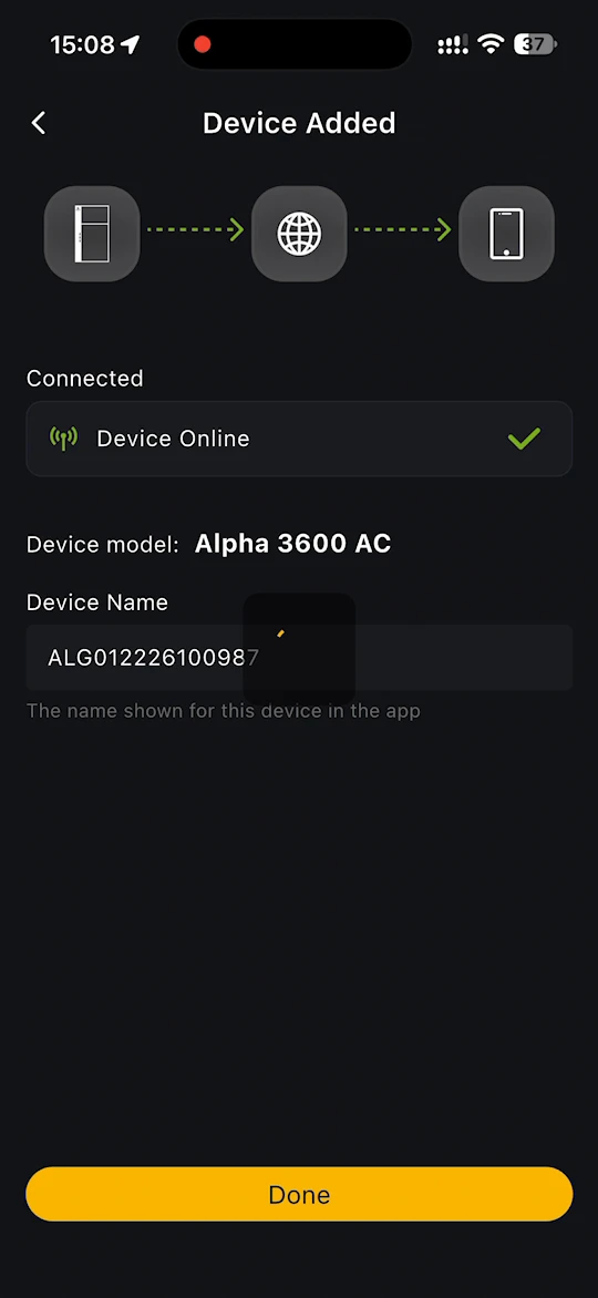 Pagina Apparaat toegevoegd met Apparaat online en het model Alpha 3600 AC