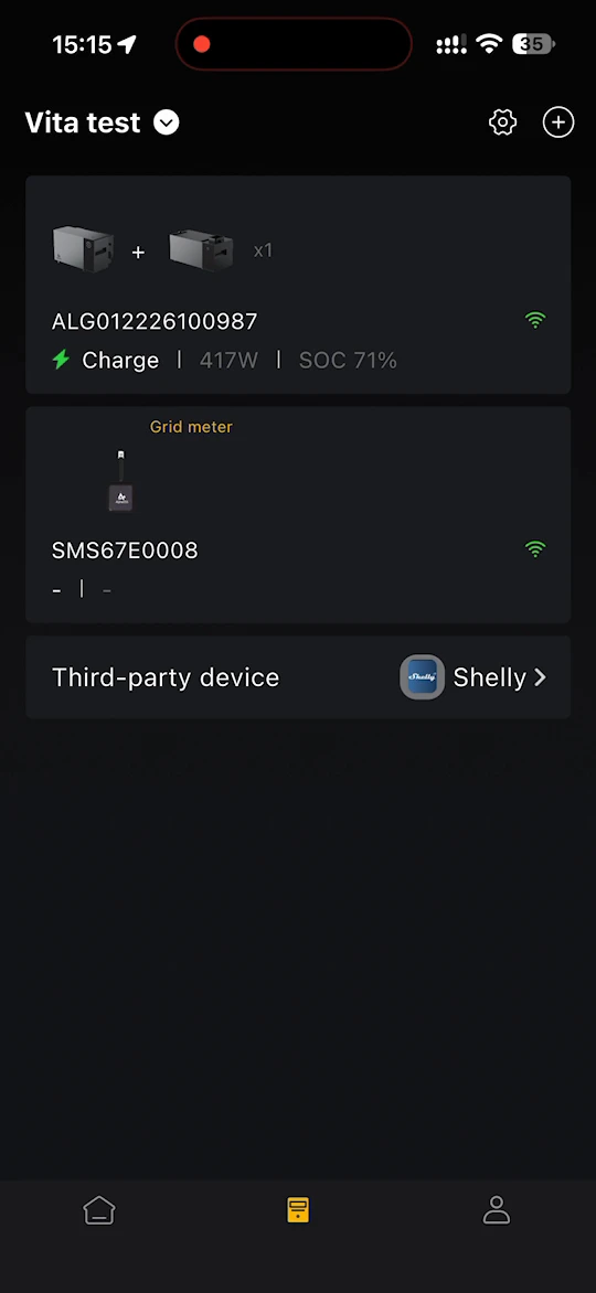 Device list with the storage system and the grid meter
