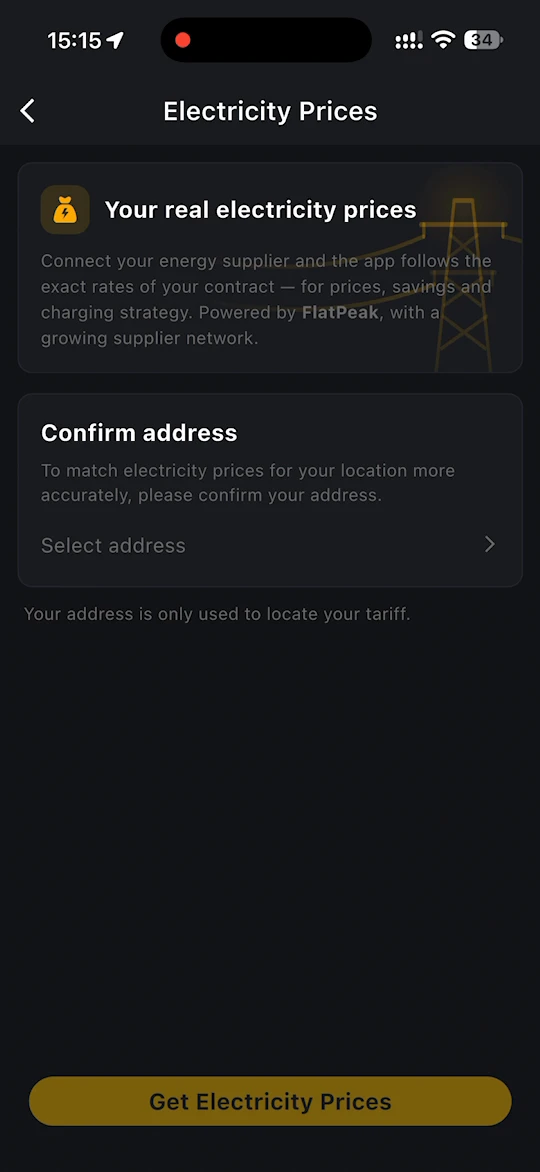 Electricity Prices page asking you to confirm your address