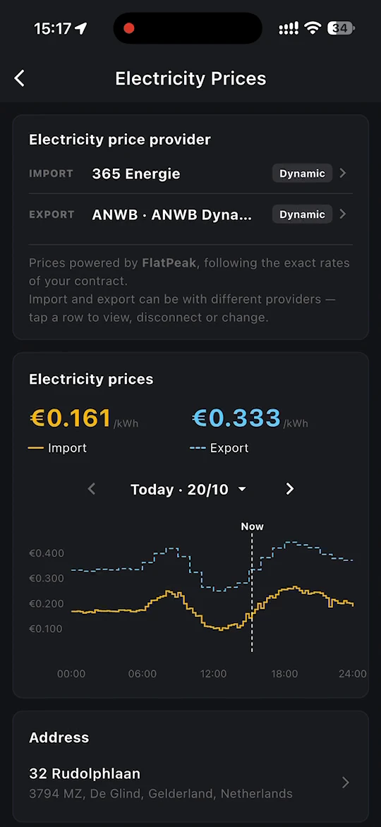 Electricity Prices page with the import and export providers, prices and address