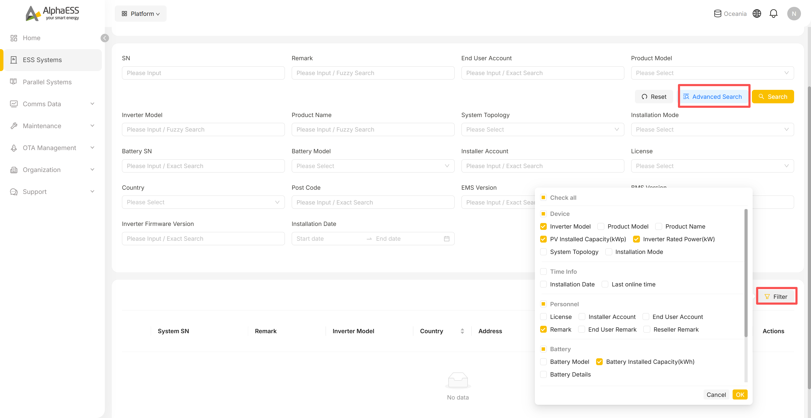 Felder der Advanced Search und die Spaltenauswahl Filter