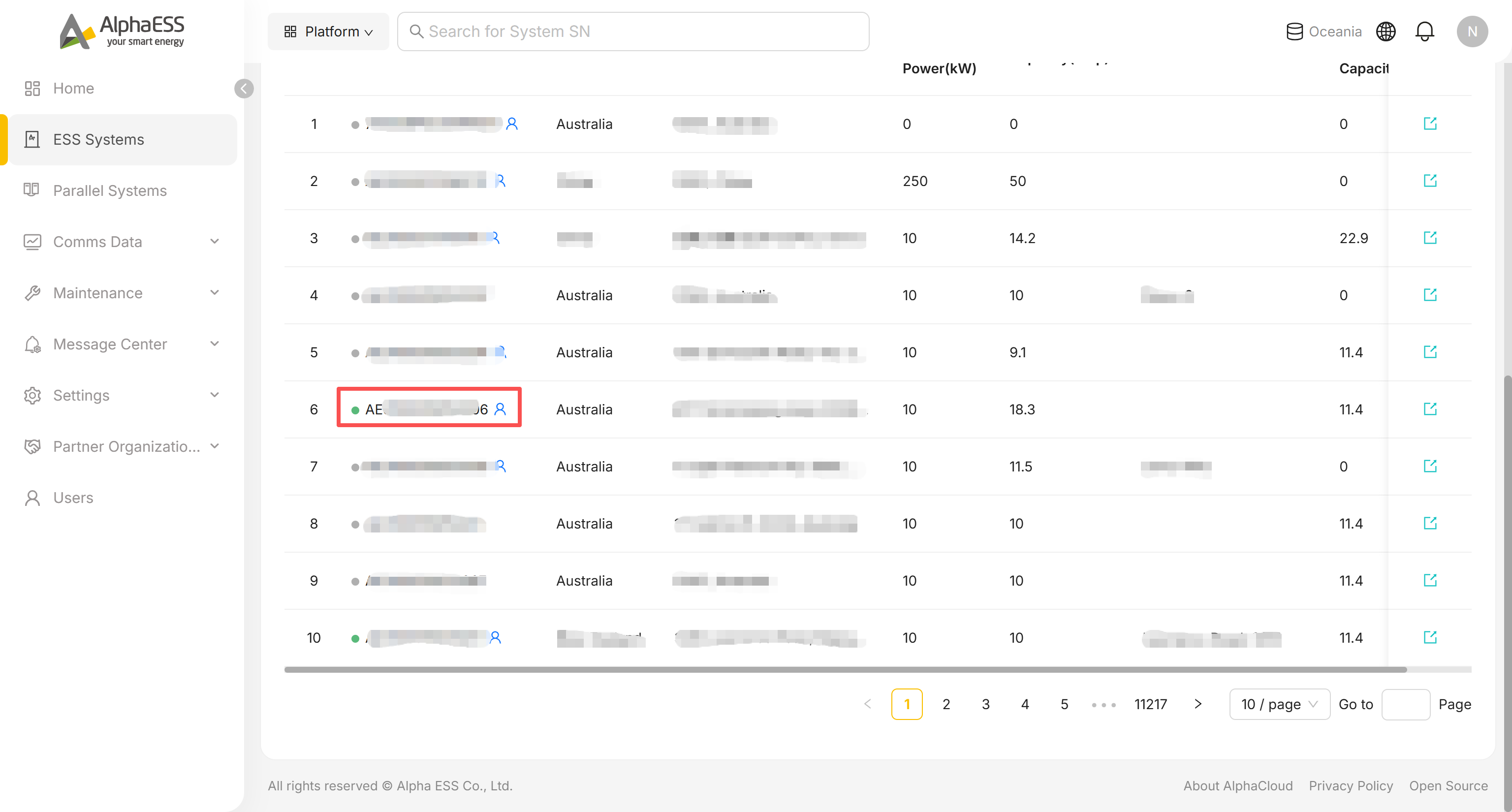 Klick auf eine System SN in der Liste