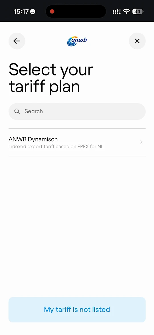 Select your tariff plan page for an export tariff