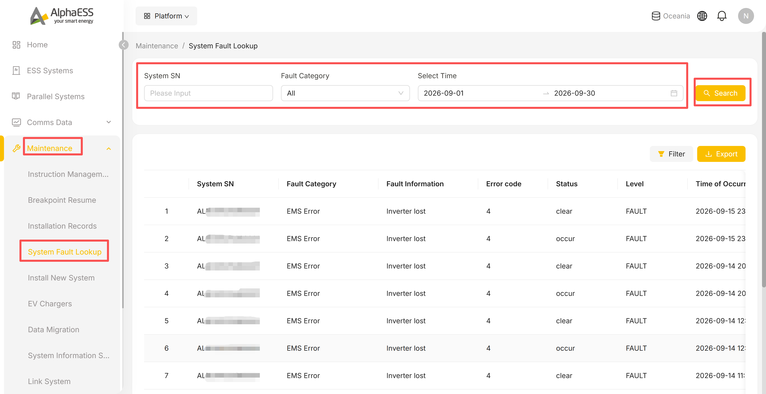 System Fault Lookup: filters and the fault register table