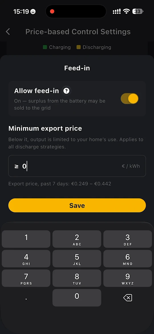 Feed-in settings with the Allow feed-in switch and the minimum export price