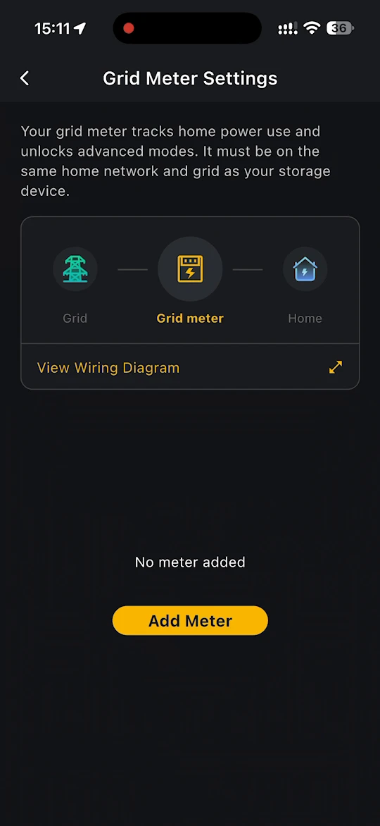 Grid Meter Settings page with the grid, grid meter and home diagram
