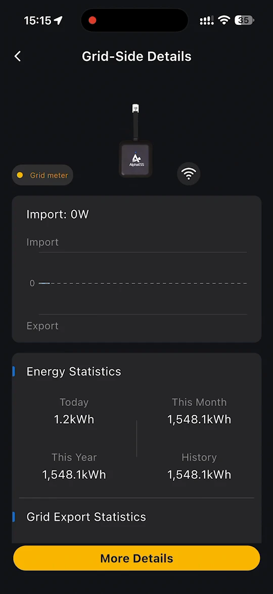 Grid-Side Details page with import power and energy statistics