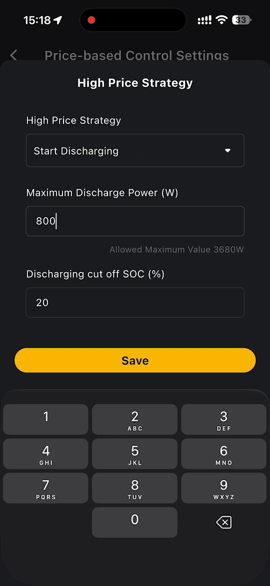 High Price Strategy set to Start Discharging with power and cut-off SOC