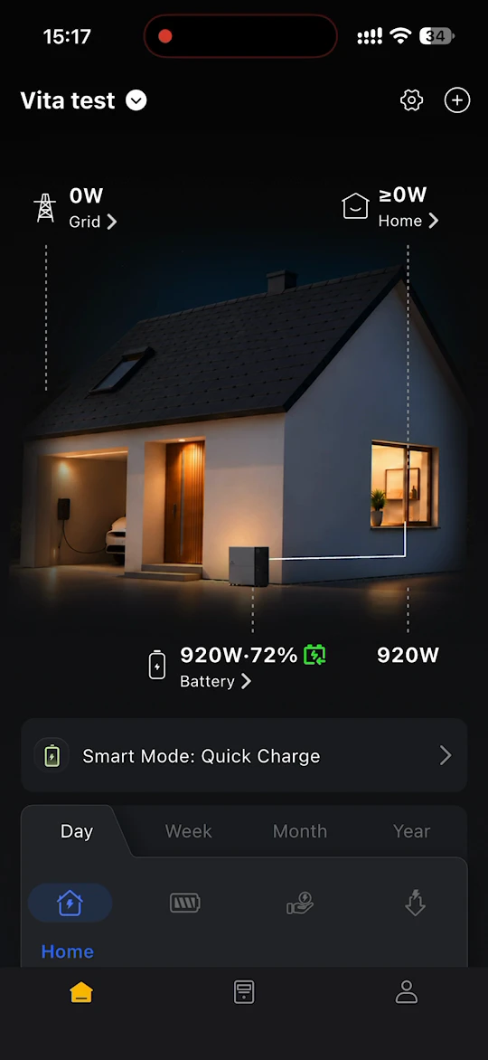 Energy Life home page showing grid, home and battery power, the current smart mode and the energy chart