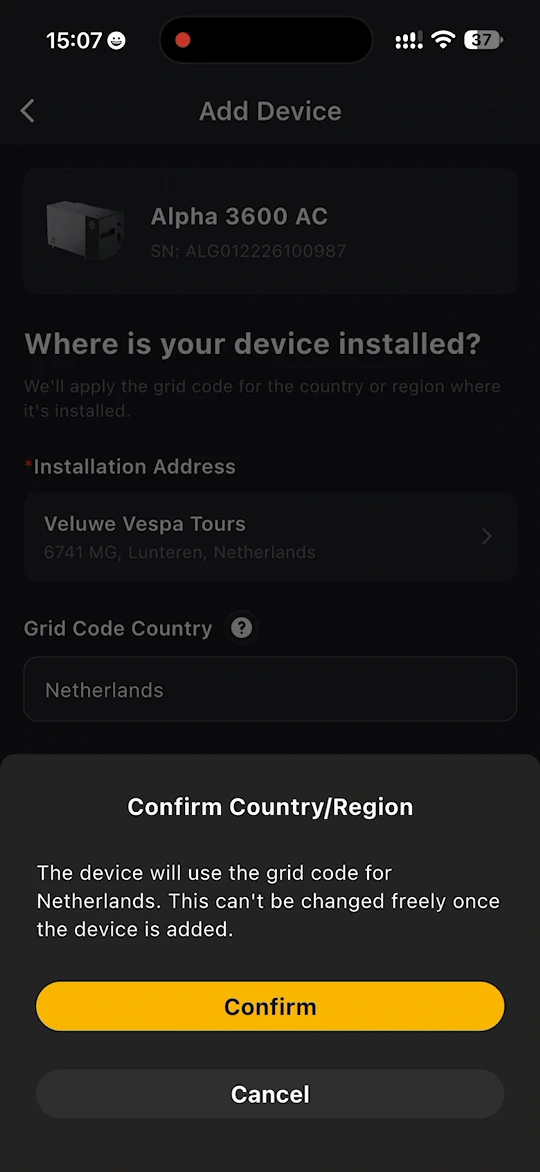 Bericht Land/regio bevestigen op de pagina met het installatieadres