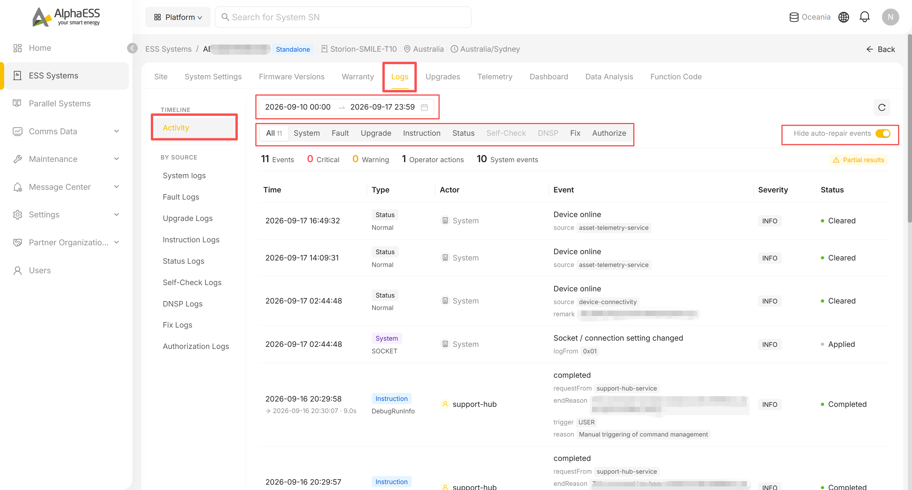 Logs → Activity: type filters and event counts