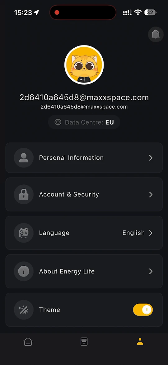 Me page with personal information, account and security, language, about and theme