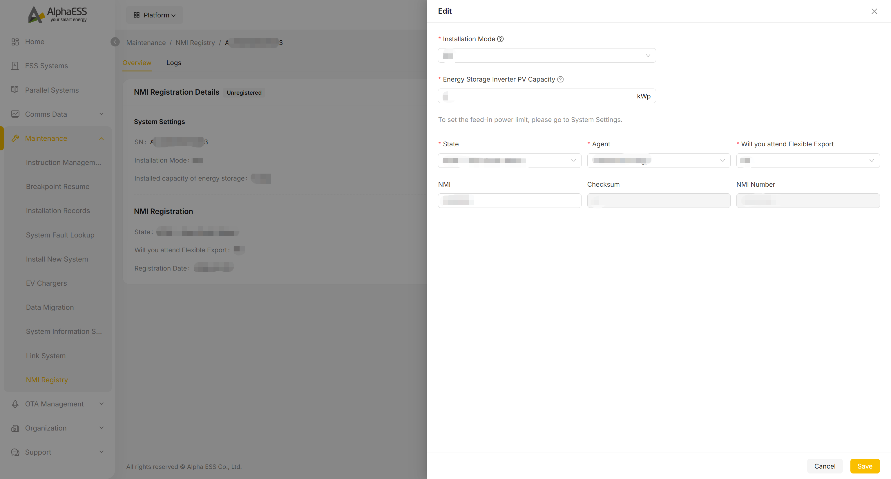 Editar el registro de NMI: Installation Mode, PV Capacity, State, Agent, Flexible Export y NMI