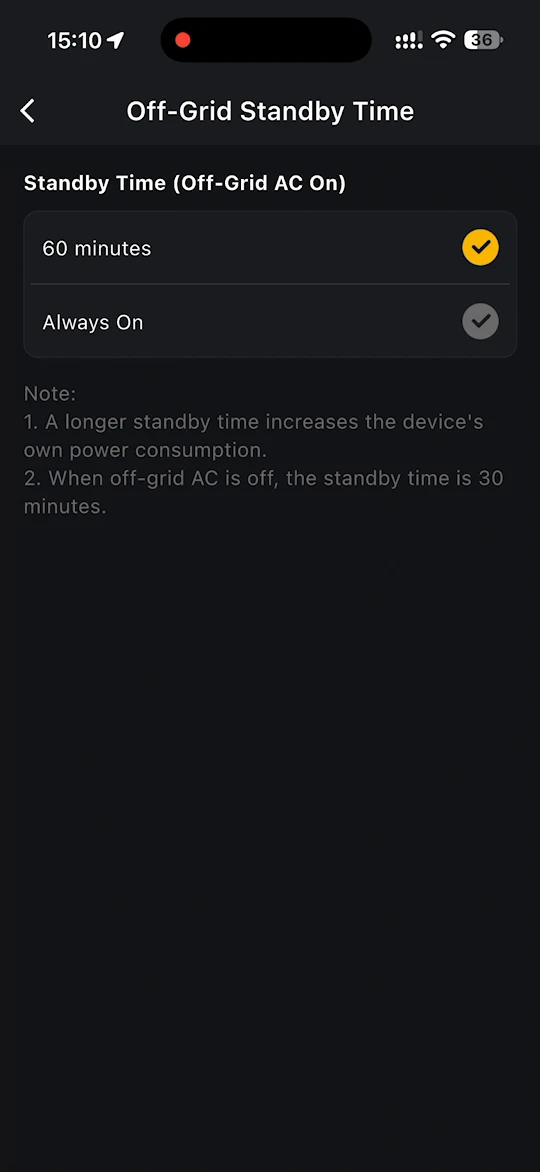 Off-Grid Standby Time page with the 60 minutes and Always On options