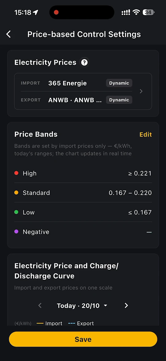 Price-based Control Settings with electricity prices, price bands and the price curve