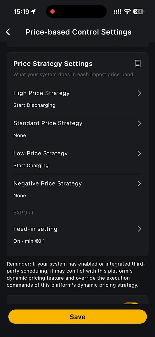 Price Strategy Settings listing the strategy for each price band