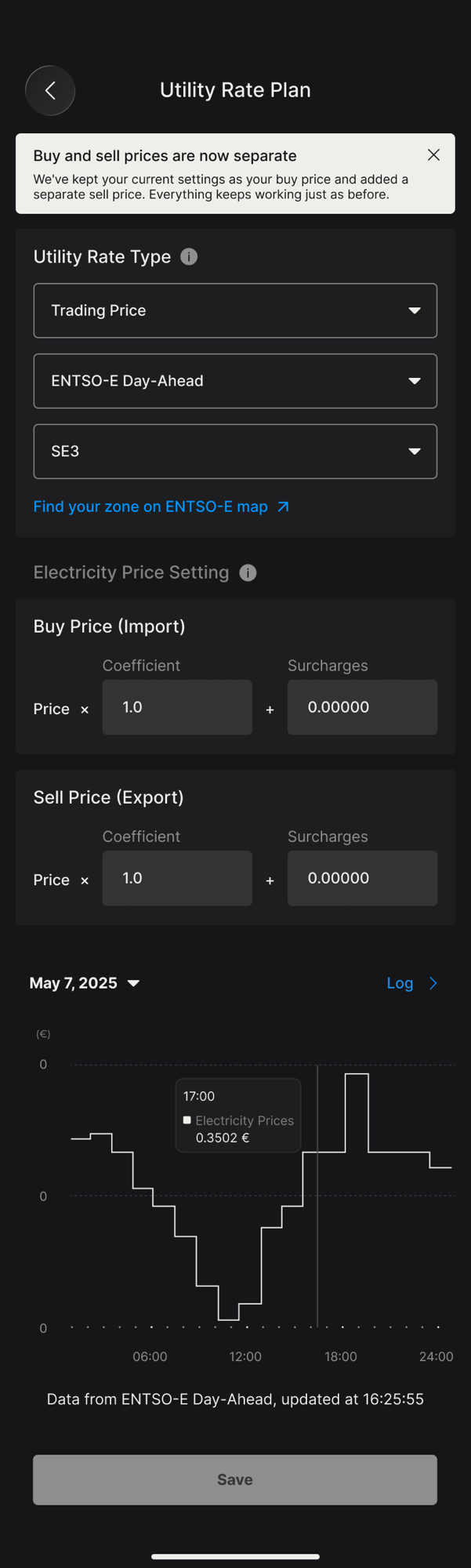 Utility Rate Plan with separate buy and sell prices