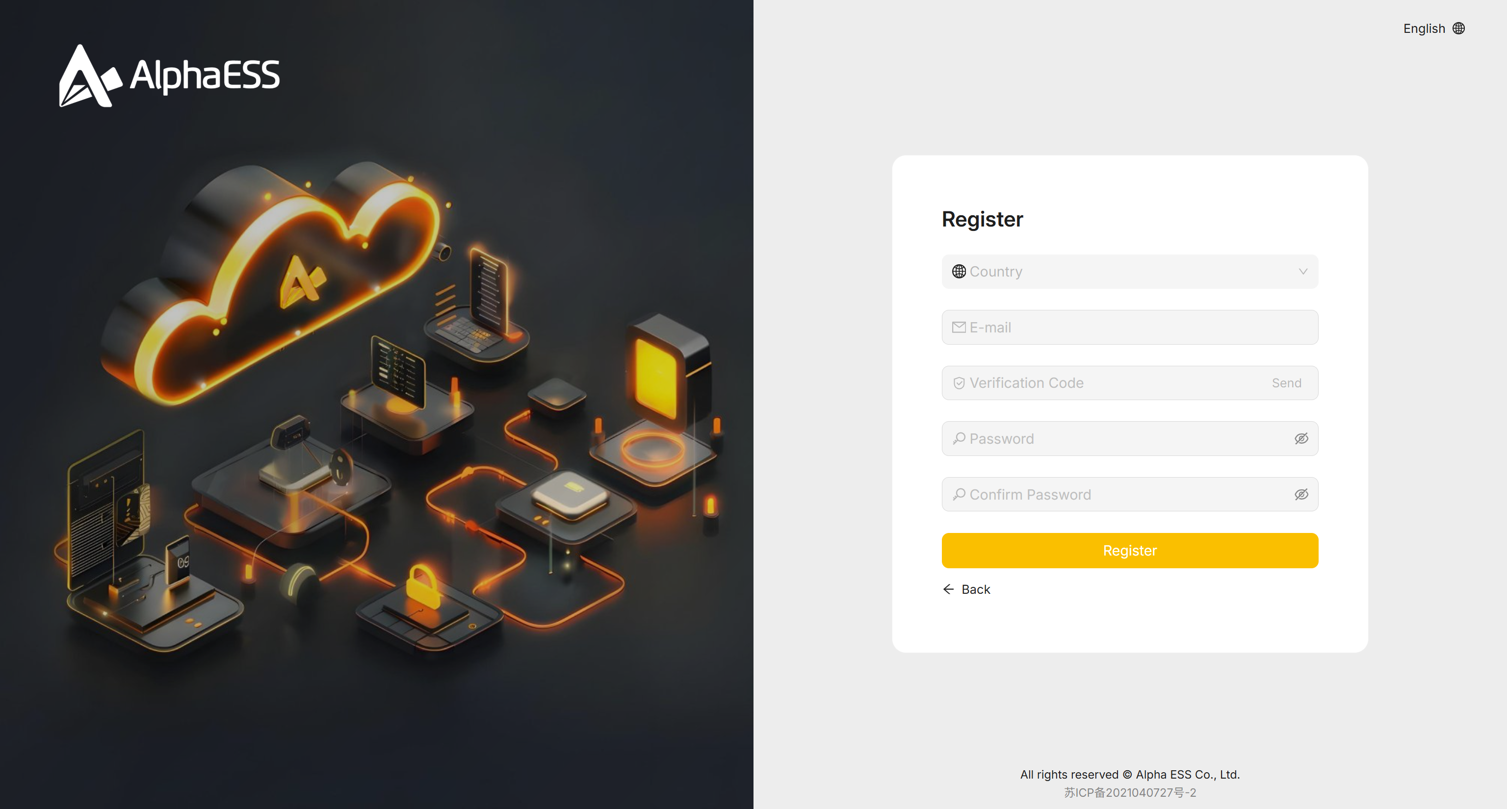 Register form: Country, E-mail, Verification Code, Password