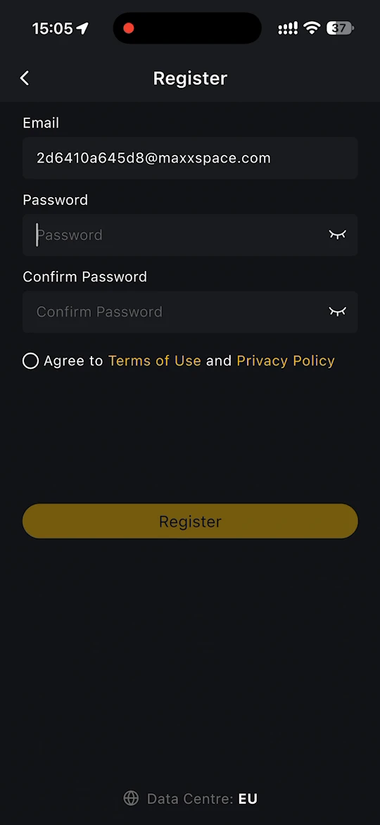Register page with email, password and confirm password fields