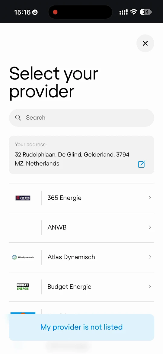 Select your provider page with your address and a list of suppliers