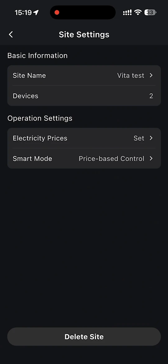 Site Settings page with site name, devices, electricity prices, smart mode and Delete Site