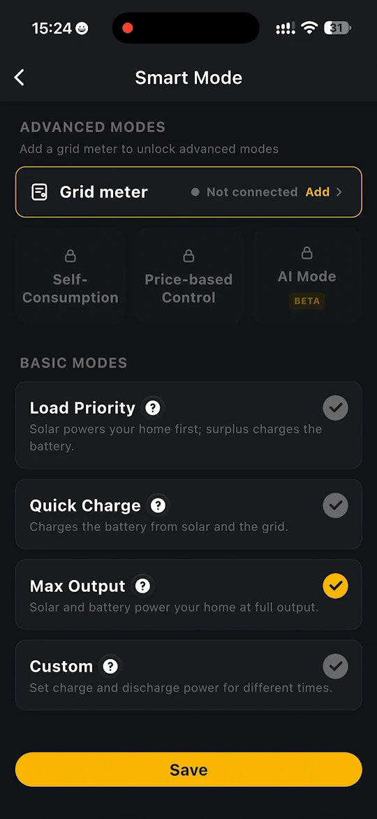 Smart Mode page with the advanced modes locked until a grid meter is added