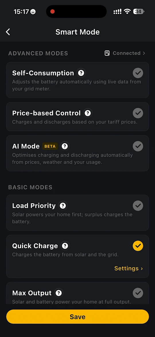 Smart Mode page with advanced modes and basic modes
