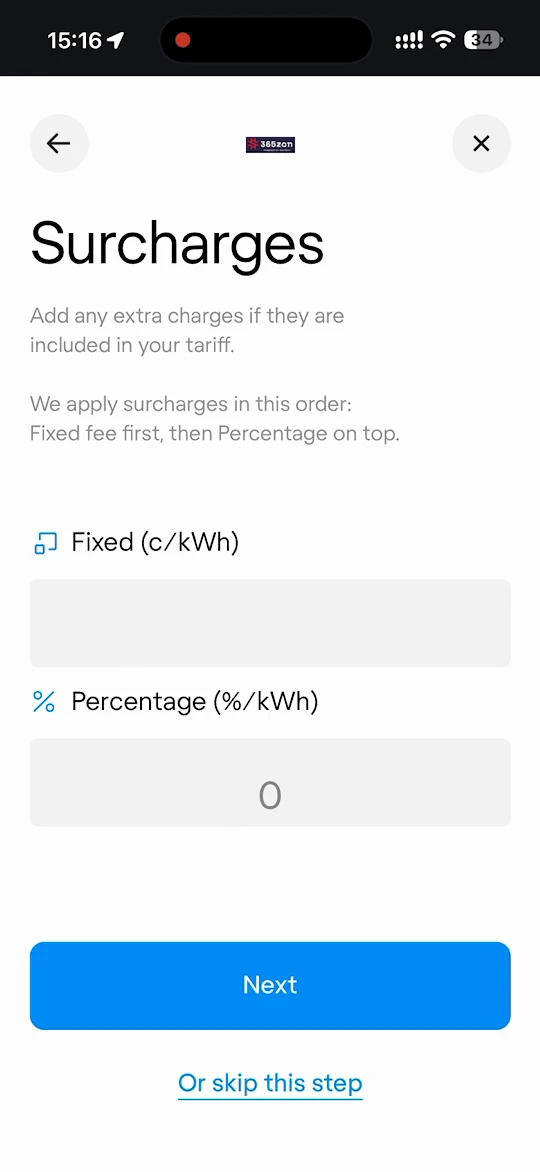 Surcharges page with the fixed and percentage fields