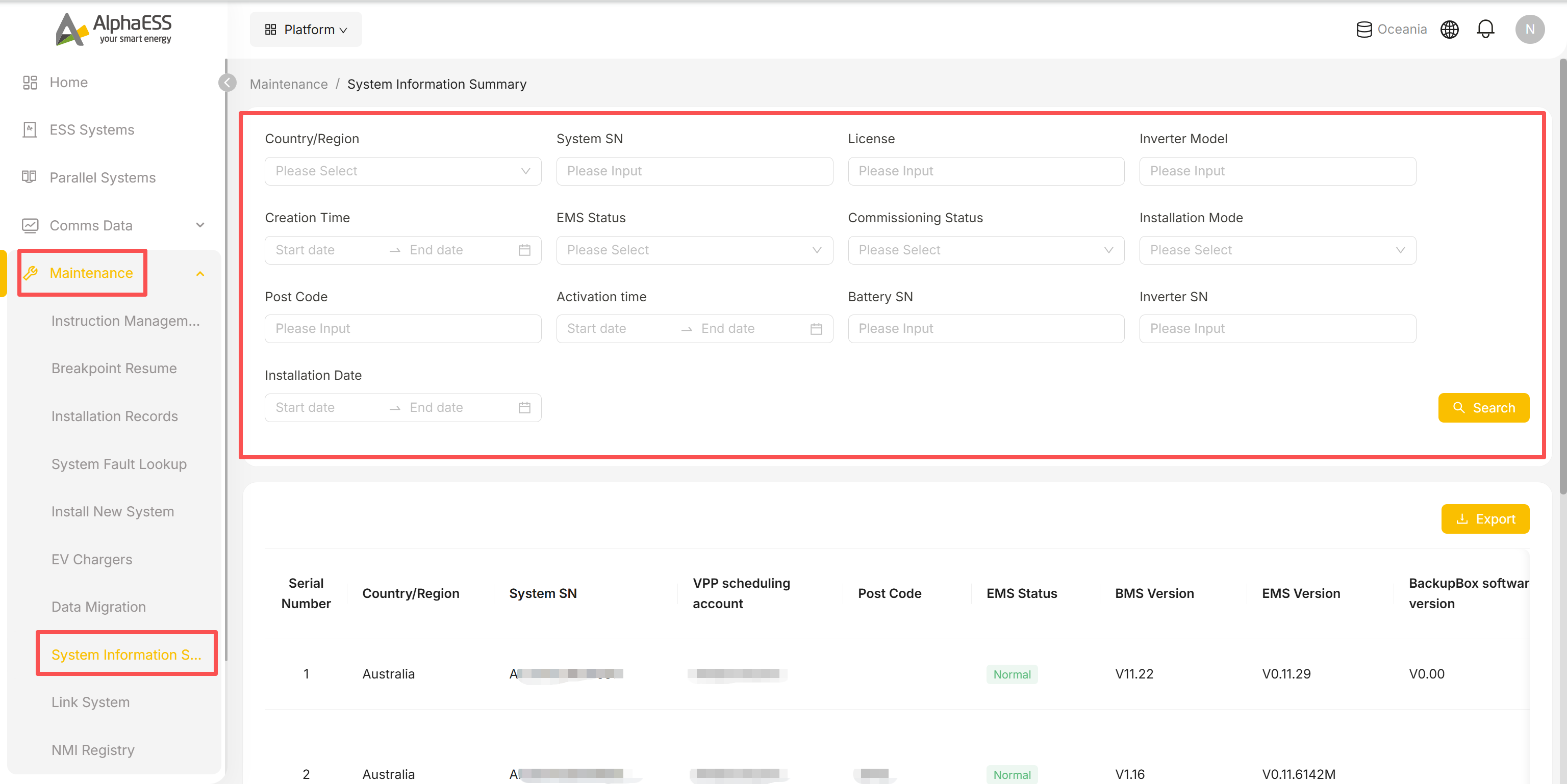 System Information Summary filter fields
