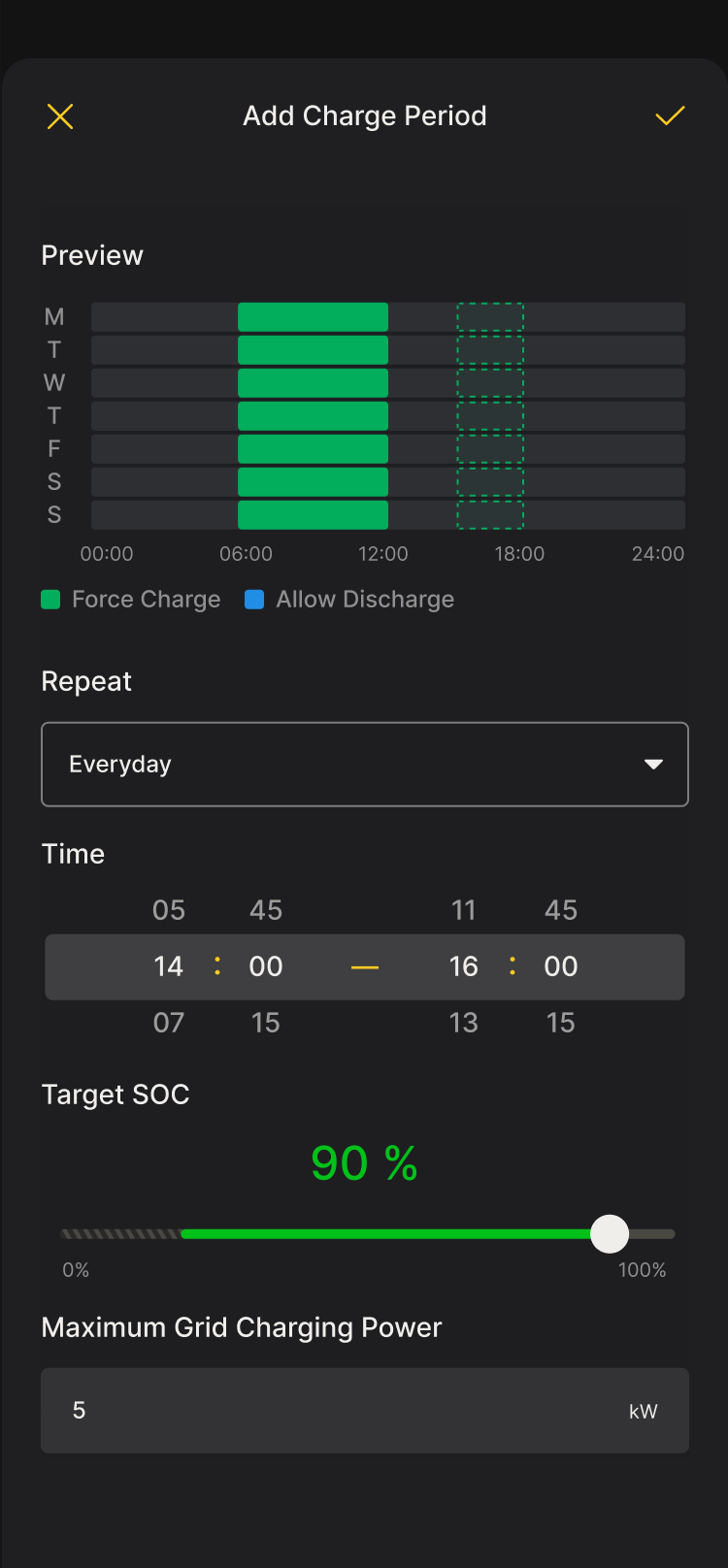 Add charge period with repeat, time and target SOC