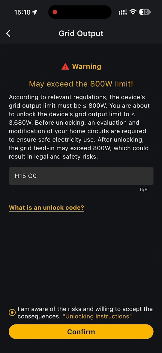 Grid Output page with the unlock code entered, the risk checkbox selected and Confirm available