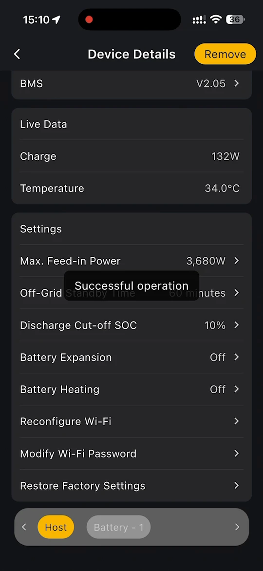 Device Details page showing Successful operation and Max. Feed-in Power at 3,680W