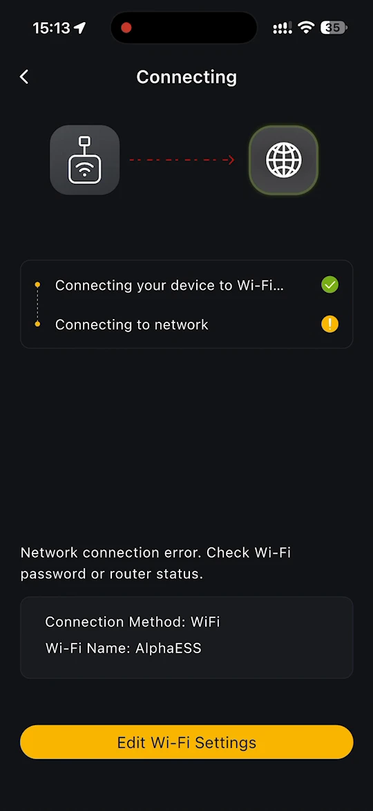 Pagina Verbinden met een fout bij de netwerkverbinding en de knop Wifi-instellingen bewerken